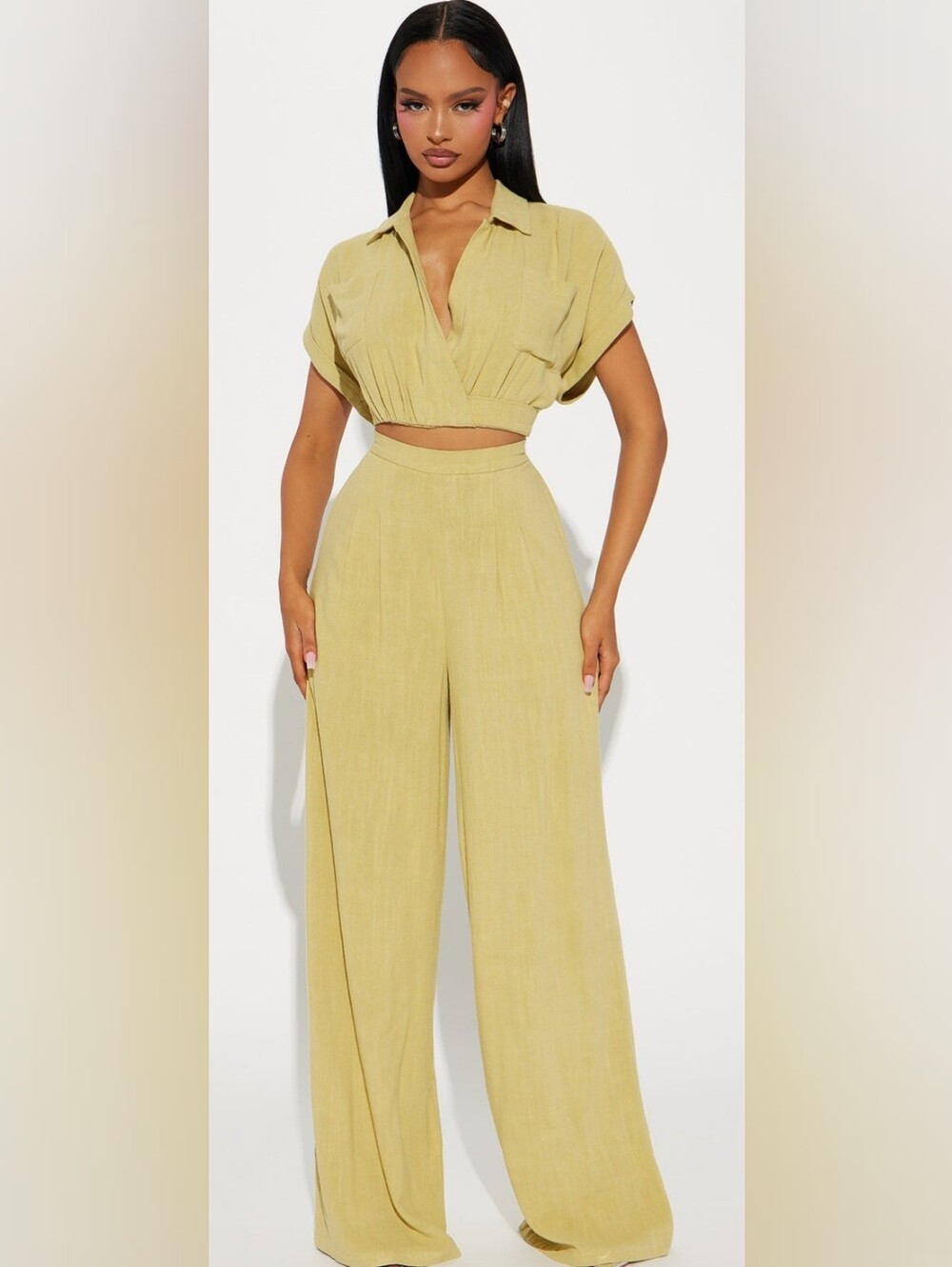 High-Waist Wide-Leg Linen Pants Set in Light Sage